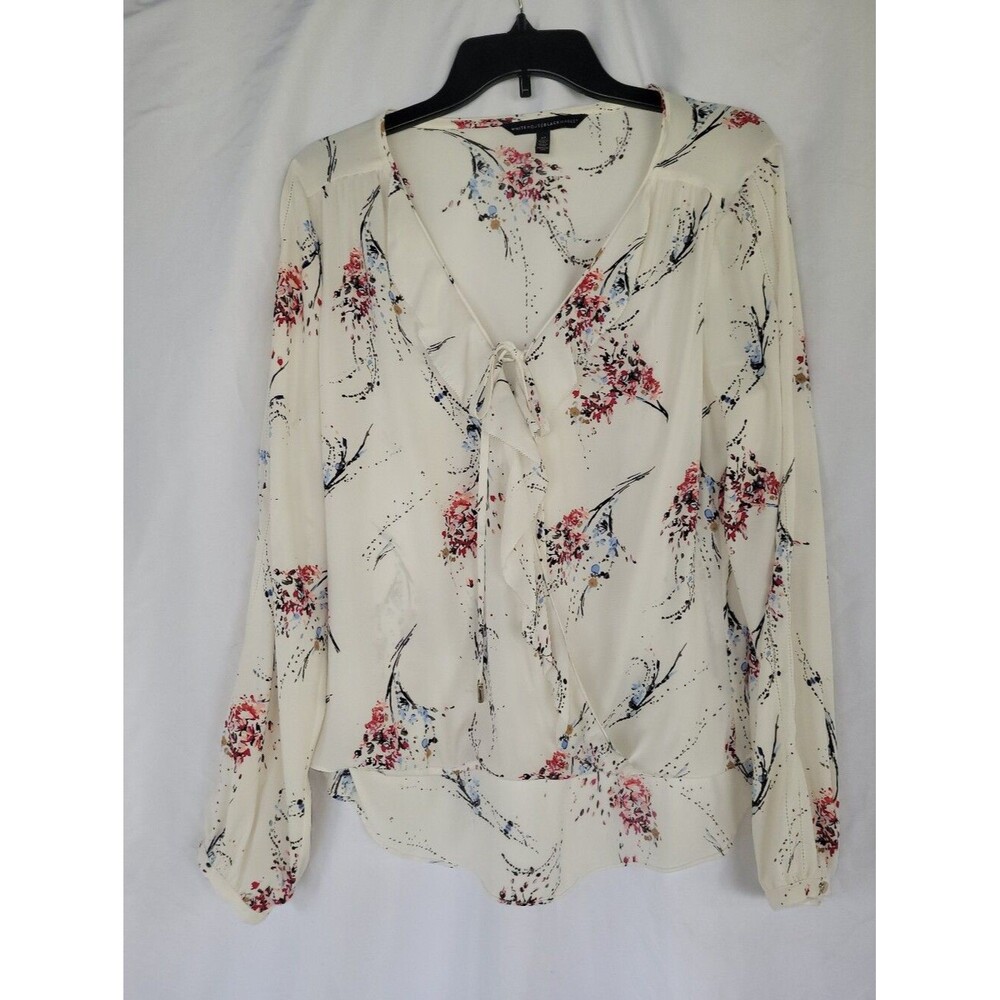 White House Black Market Size 10 Cream Floral Tie-Front Wrap Blouse